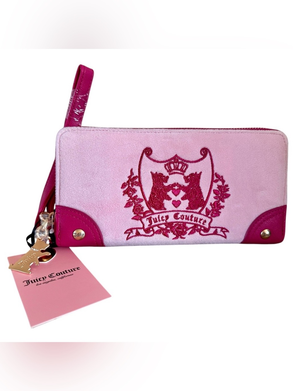 Juicy Couture Light Pink Velvet Wristlet with Fuchsia Trim